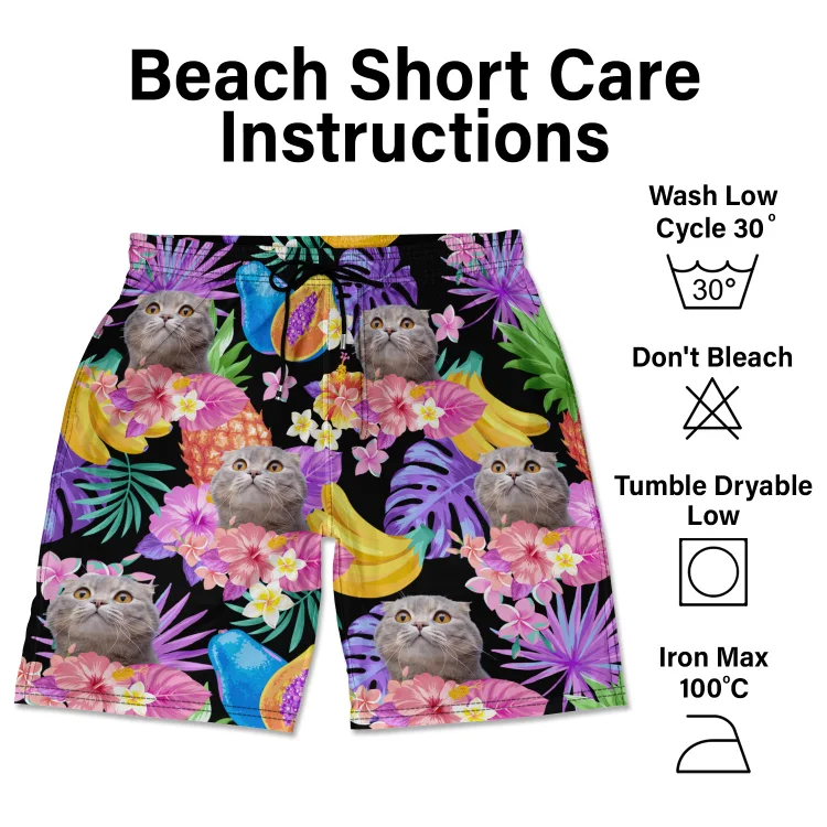 Custom Photo Funny Family Pet Face Black Colorful Tropical - Personalized Unisex Beach Shorts