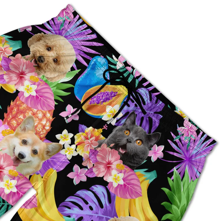 Custom Photo Funny Family Pet Face Black Colorful Tropical - Personalized Unisex Beach Shorts