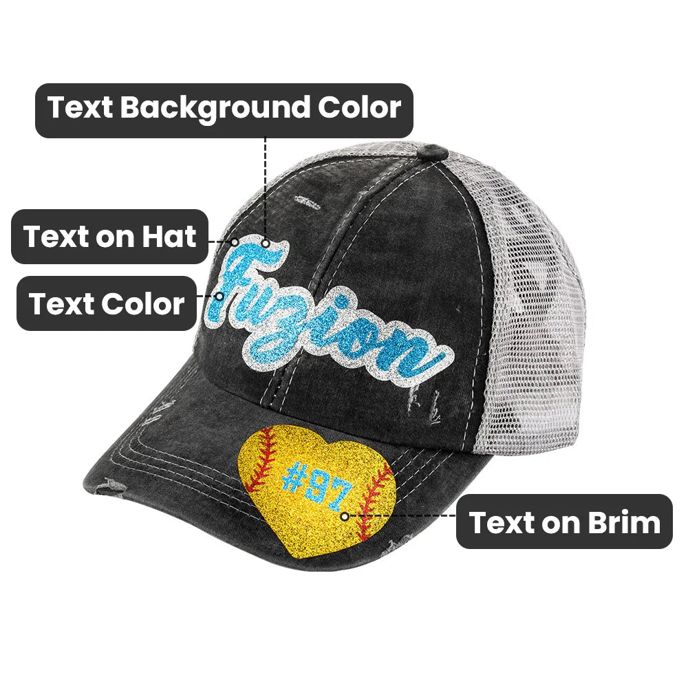 Personalized Sport Ponytail Cap Adjustable Band Hat with Glittering Name and Number Gift for Ball Sports Lover